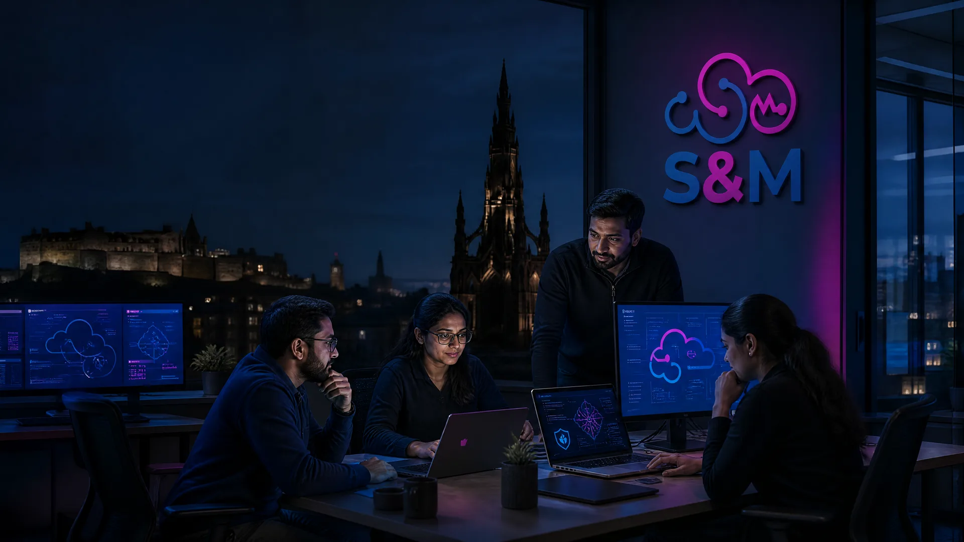 Engineering team working late in a modern Edinburgh office, screens glowing, with Edinburgh Castle visible through the window