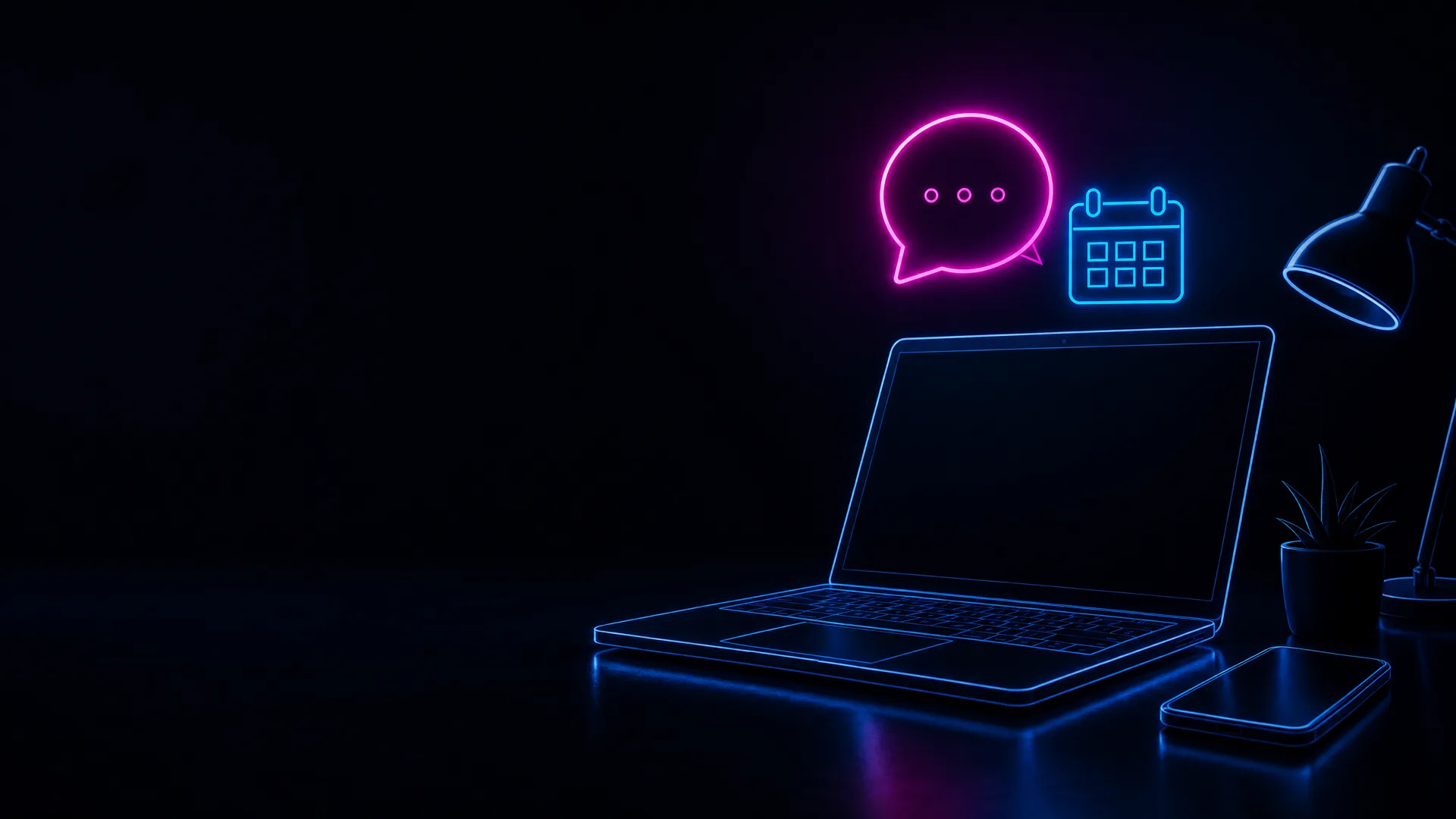 Laptop and phone outlined in glowing blue on a dark desk with a magenta speech bubble inviting a conversation