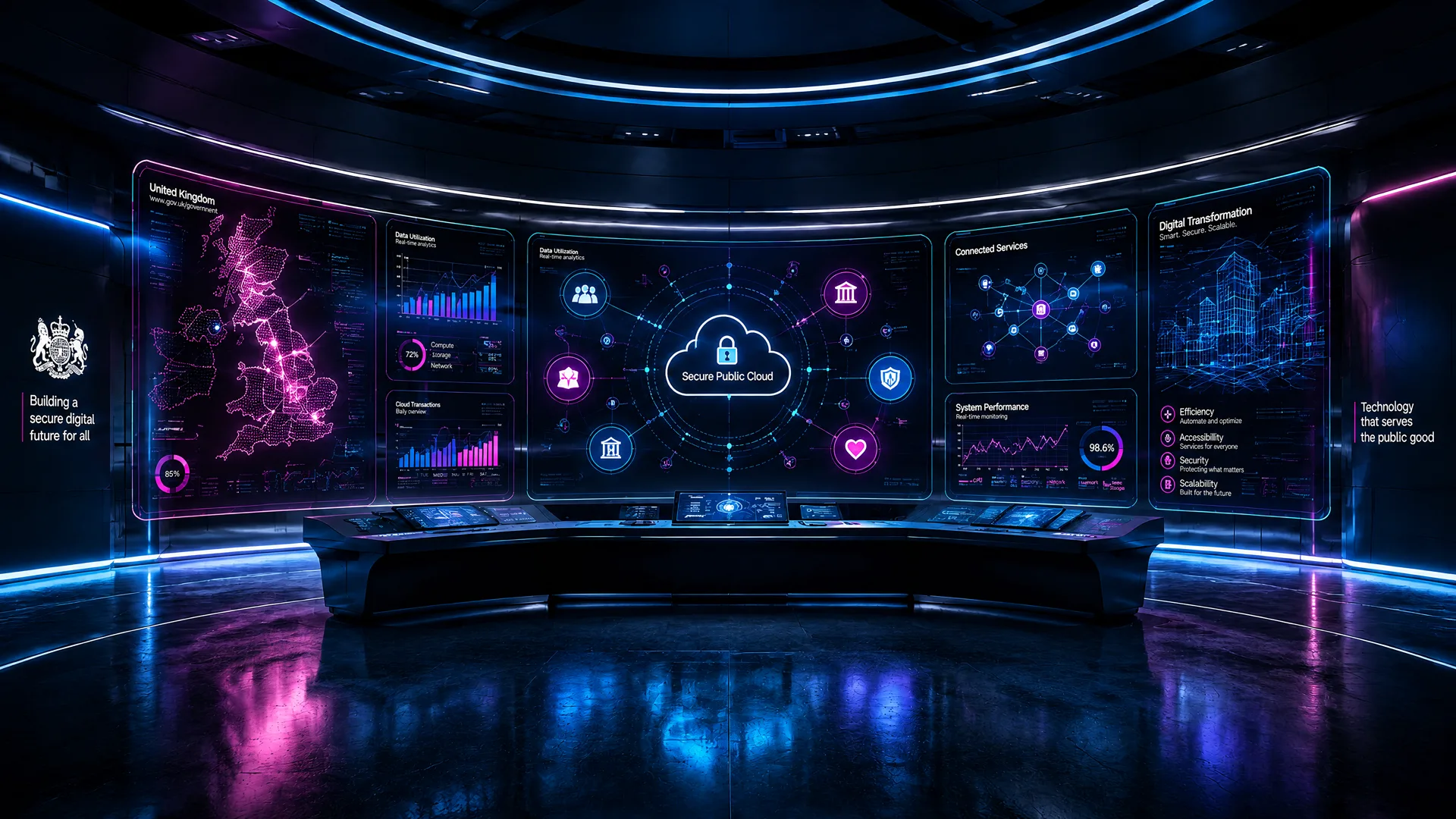 Futuristic mission control room with floating screens showing data streams and cloud diagrams in S & M Systems brand magenta and blue